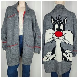 90s Sylvester the Cat handknit wool cardigan sweater oversized XXL-3X handmade
